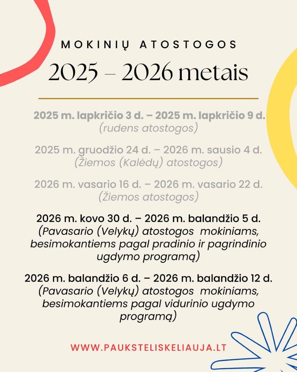 Vaikų atostogos 2025-2026 moklo metais